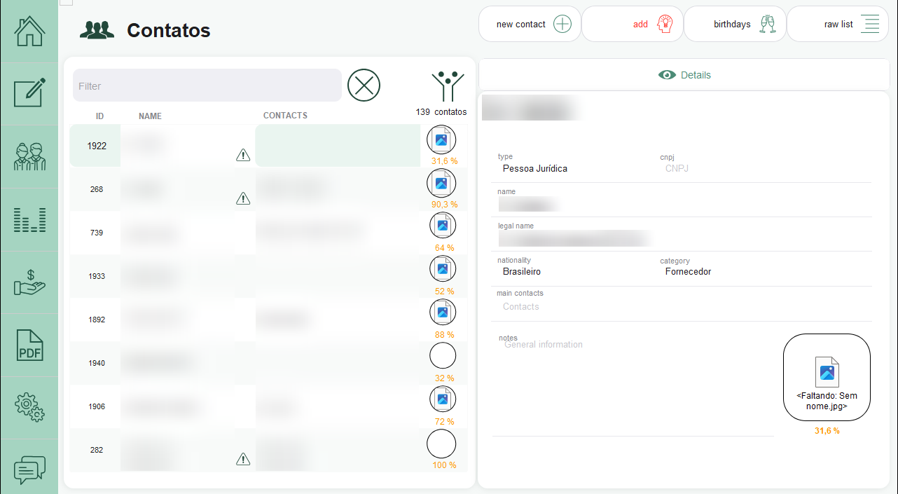 Módulo de contatos do Mozart Planner
