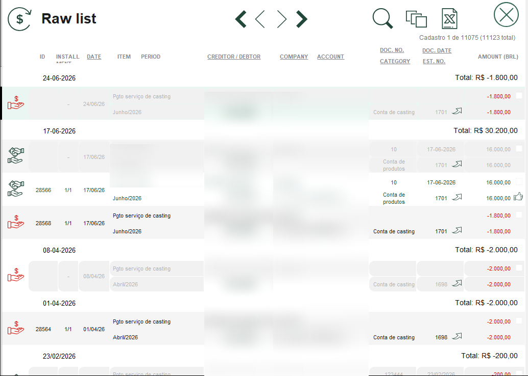 Lista de lançamentos financeiros do Mozart Planner