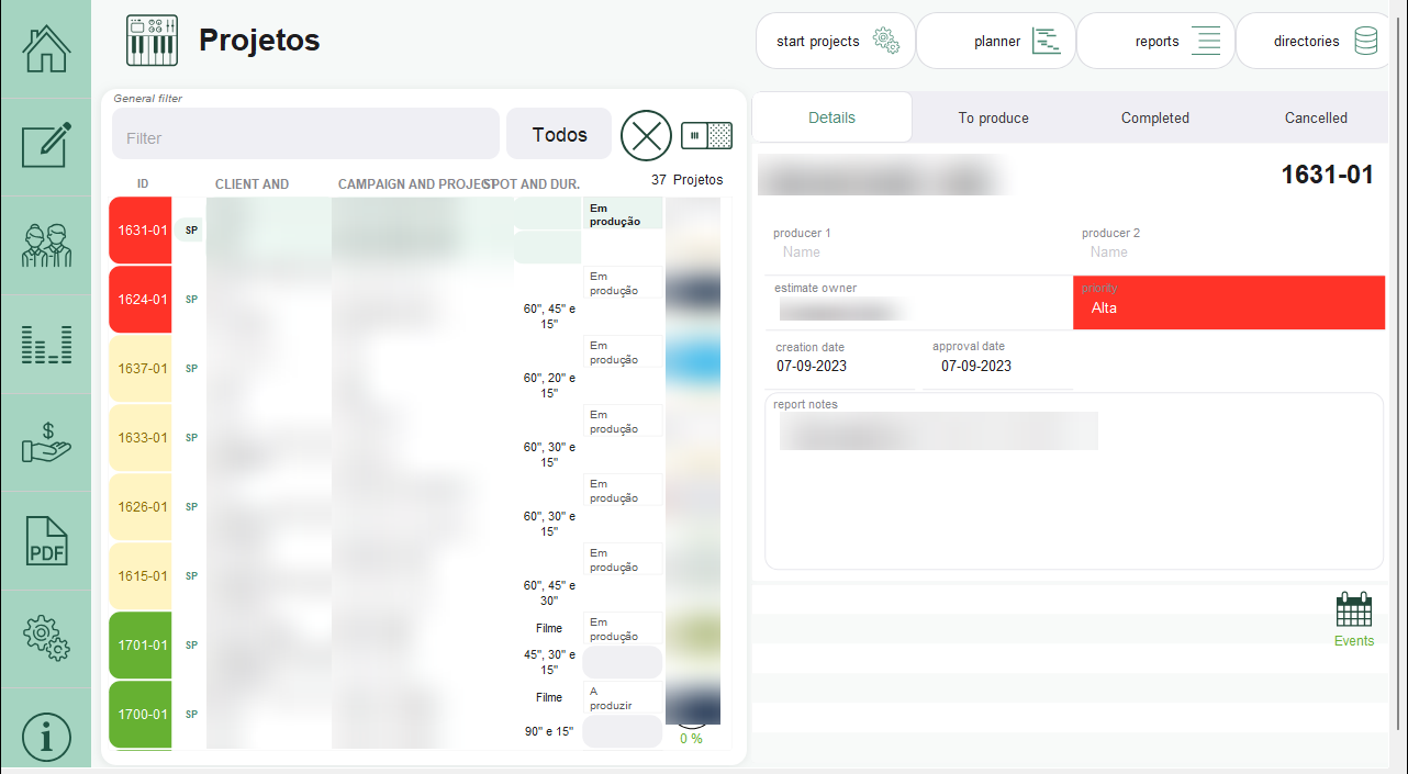 Módulo de projetos do Mozart Planner